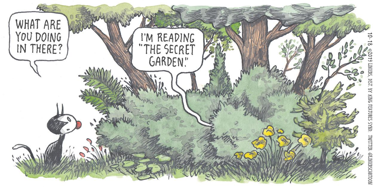 Organism OCR: WHAT ARE YOU DOING IN THERE? I'M READING "THE SECRET GARDEN" 2019 LINIERSDIST. BY KING FEATURES SYND. TWITTER: OLINIERSCARTOON WHAT ARE YOU DOING IN THERE? I'M READING "THE SECRET GARDEN" 2019 LINIERSDIST. BY KING FEATURES SYND. TWITTER: OLINIERSCARTOON