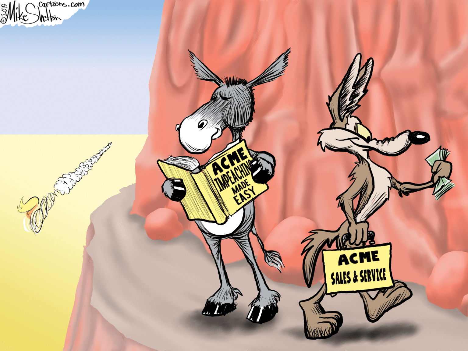 Fictional character OCR: Cartoons.com ACME IMPEACHIN MADE EASY ACME SALES & SERVICE Cartoons.com ACME IMPEACHIN MADE EASY ACME SALES & SERVICE