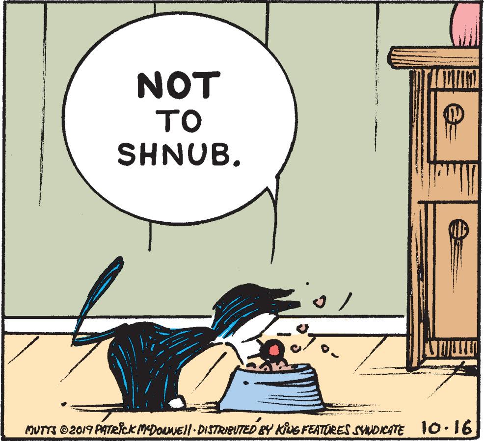 Rectangle OCR: NOT TO SHNUB. MUTTS ©2019 PATRICK MDONNEl DISTRIBUTED BY KiNG FEATORES SYNDCATE 10.16 NOT TO SHNUB. MUTTS ©2019 PATRICK MDONNEl DISTRIBUTED BY KiNG FEATORES SYNDCATE 10.16