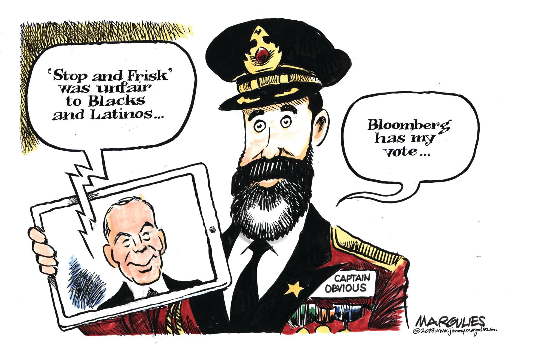 Rectangle OCR: Stop and Frisk' was unfair to Blacks and Latinos.. Bloomberg has my vote.. CAPTAIN OBVIOUS MARGULES OTOM www.jimmymargulim.. Stop and Frisk' was unfair to Blacks and Latinos.. Bloomberg has my vote.. CAPTAIN OBVIOUS MARGULES OTOM www.jimmymargulim..