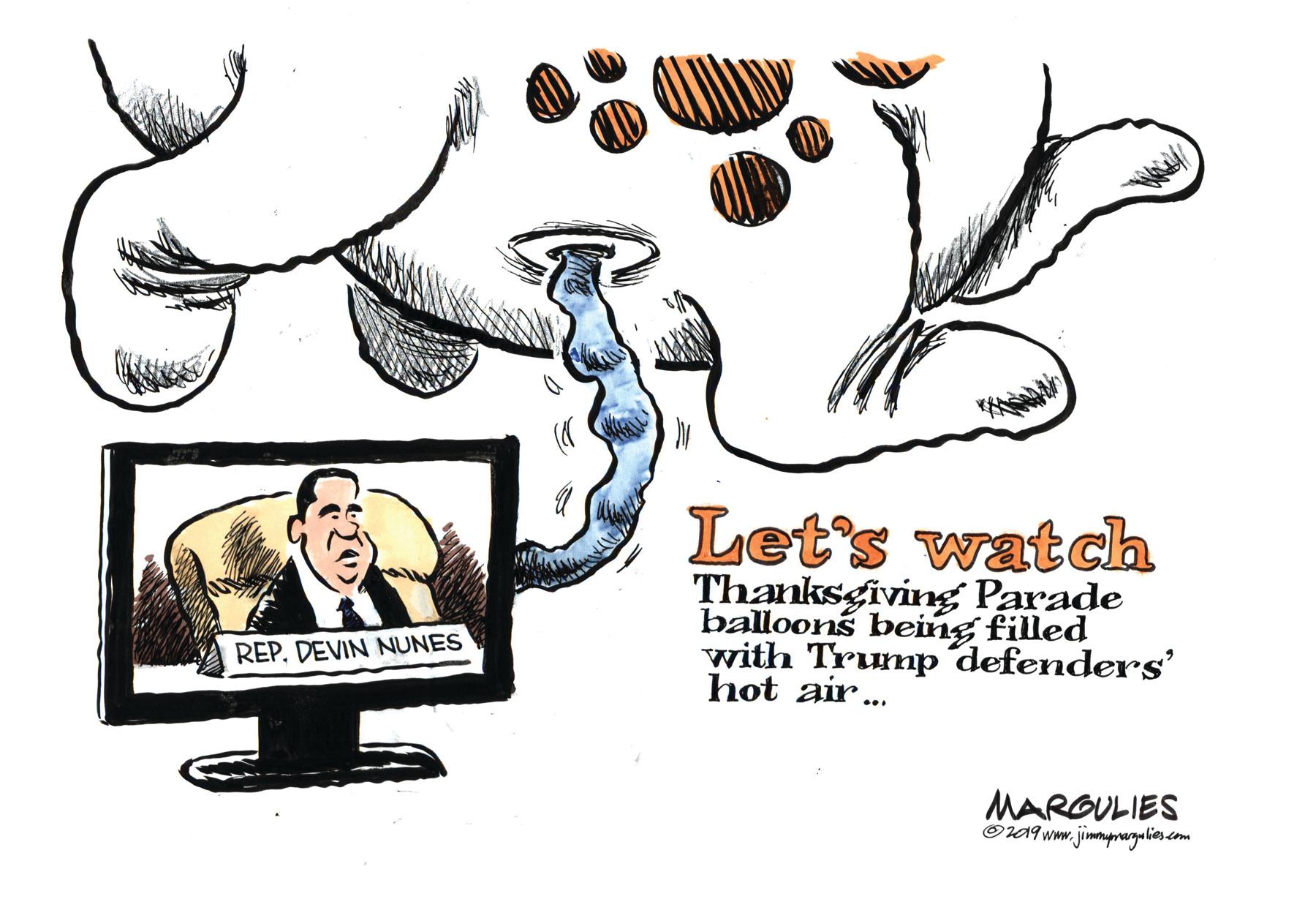 Elephant OCR: Let's watch Thanksgiving Parade balloons being filled with Trump´defenders' hot air... REP. DEVIN NUNES MARGULIES O209 www.jimmpnagalios.com Let's watch Thanksgiving Parade balloons being filled with Trump´defenders' hot air... REP. DEVIN NUNES MARGULIES O209 www.jimmpnagalios.com