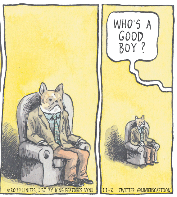 Painting OCR: WHO'S A GOOD BOY? 2019 LINIERSDIST. BY KING FEATURES SYND. 11-2 TWITTER: @LINIERSCARTOON WHO'S A GOOD BOY? 2019 LINIERSDIST. BY KING FEATURES SYND. 11-2 TWITTER: @LINIERSCARTOON