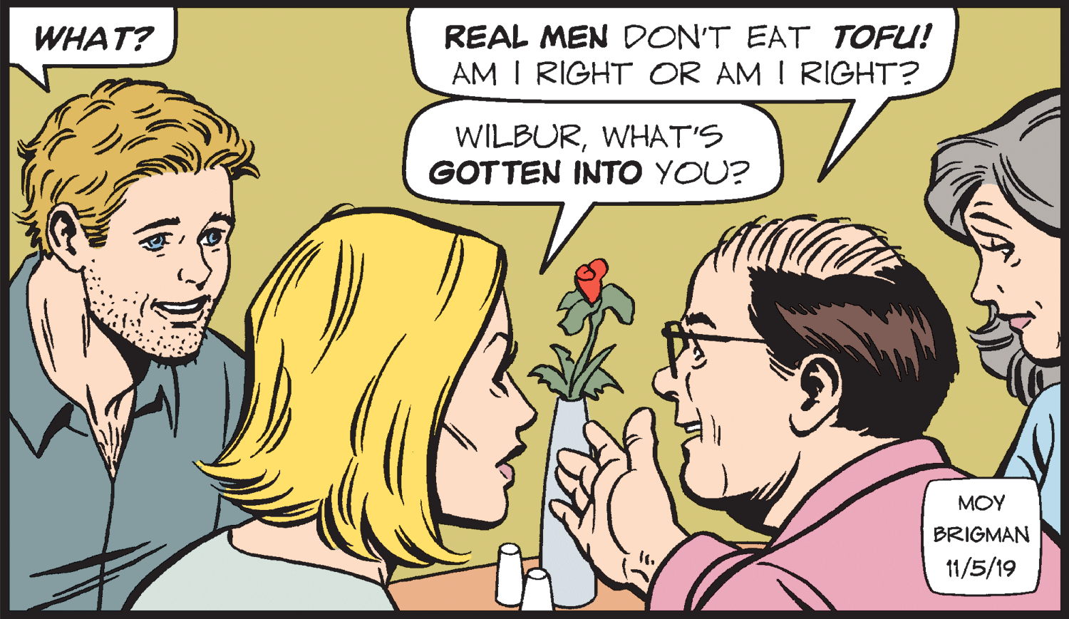 Organism OCR: REAL MEN DON'T EAT TOFU! AM I RIGHT OR AM I RIGHT? WHAT? WILBURWHAT'S GOTTEN INTO YOU? MOY BRIGMAN 11/5/19 REAL MEN DON'T EAT TOFU! AM I RIGHT OR AM I RIGHT? WHAT? WILBURWHAT'S GOTTEN INTO YOU? MOY BRIGMAN 11/5/19