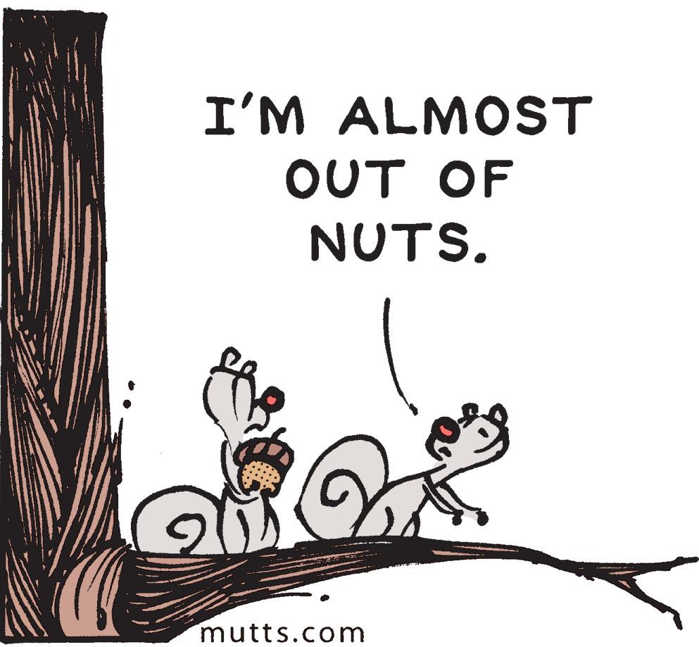 Illustration OCR: I'M ALMOST OUT OF NUTS. mutts.com I'M ALMOST OUT OF NUTS. mutts.com