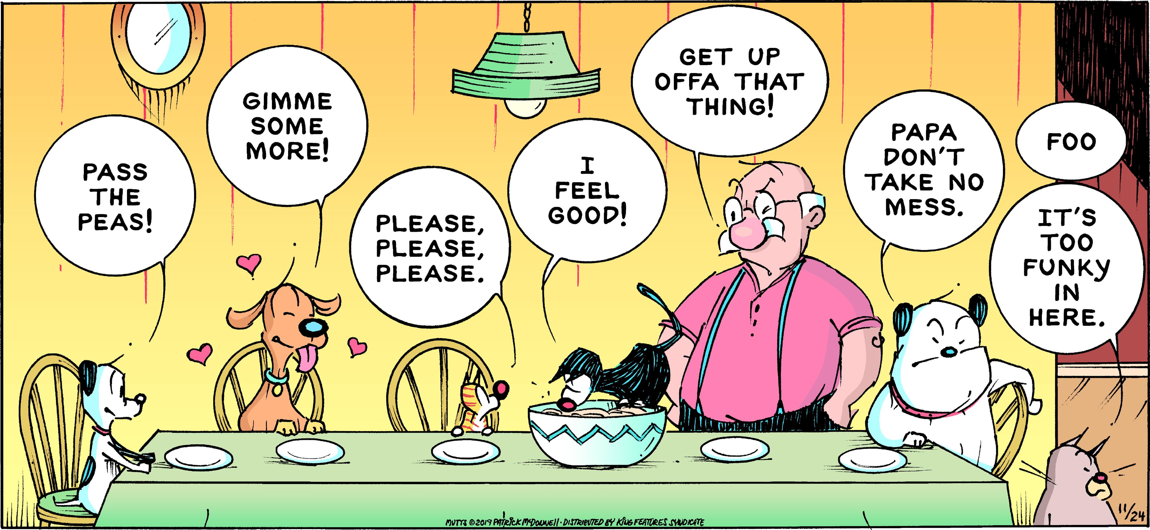 Art OCR: GET UP OFFA THAT THING! GIMME SOME MORE! PAPA DON'T TAKE NO MESS. FOO PASS THE PEAS! FEEL GOOD! PLEASEPLEASE. IT'S ?? FUNKY IN HERE. 24 GET UP OFFA THAT THING! GIMME SOME MORE! PAPA DON'T TAKE NO MESS. FOO PASS THE PEAS! FEEL GOOD! PLEASEPLEASE. IT'S ?? FUNKY IN HERE. 24