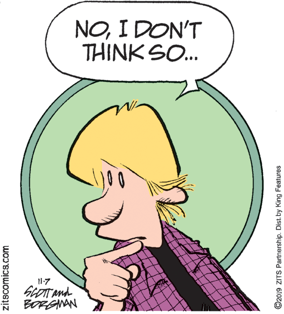 Organism OCR: NOI DON'T THINK SO... GLOTT And BORGNAN zitscomics.com ©2019 ZITS Partnership. Dist. by King Features NOI DON'T THINK SO... GLOTT And BORGNAN zitscomics.com ©2019 ZITS Partnership. Dist. by King Features