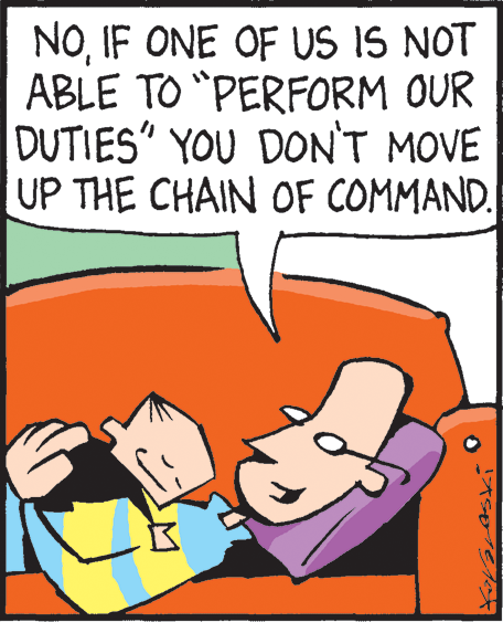 Pleased OCR: NOIF ONE OF US IS NOT ABLE TO "PERFORM OUR DUTIES" YOU DON'T MOVE UP THE CHAIN OF COMMAND. NOIF ONE OF US IS NOT ABLE TO "PERFORM OUR DUTIES" YOU DON'T MOVE UP THE CHAIN OF COMMAND.
