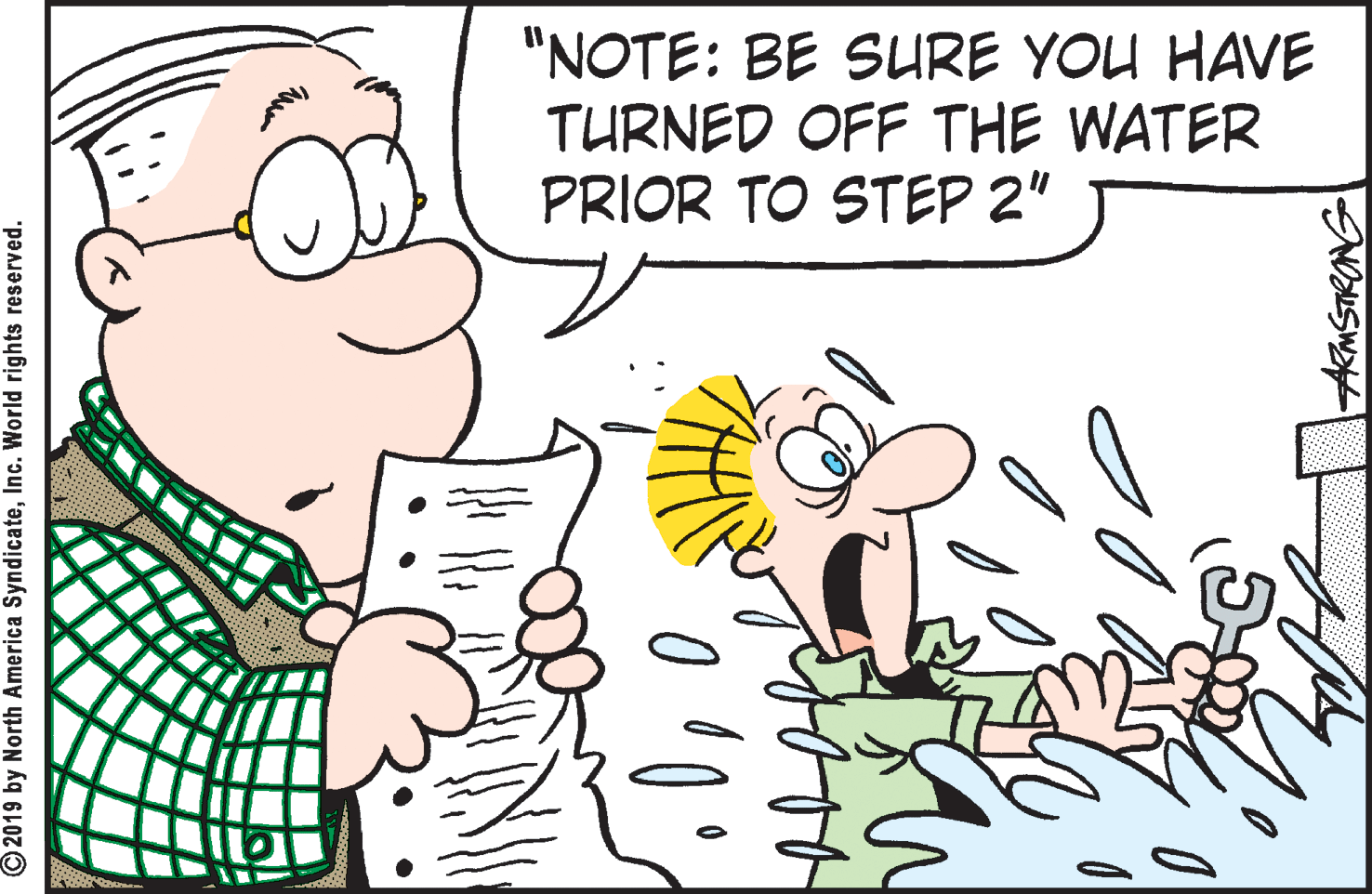 Drawing OCR: "NOTE: BE SURE YOU HAVE TURNED OFF THE WATER PRIOR TO STEP 2" O2019 by North America SyndicateInc. World rights reserved. "NOTE: BE SURE YOU HAVE TURNED OFF THE WATER PRIOR TO STEP 2" O2019 by North America SyndicateInc. World rights reserved.
