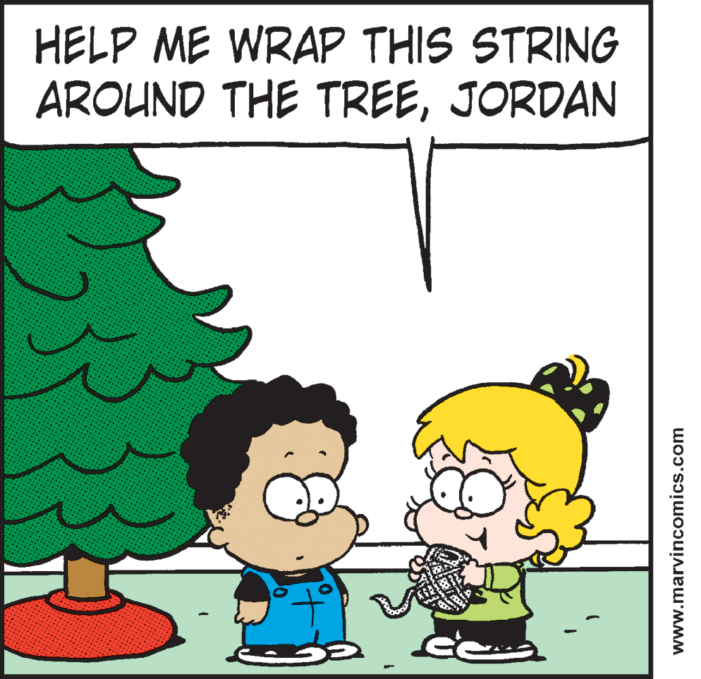 Rectangle OCR: HELP ME WRAP THIS STRING AROUND THE TREEJORDAN www.marvincomics.com HELP ME WRAP THIS STRING AROUND THE TREEJORDAN www.marvincomics.com