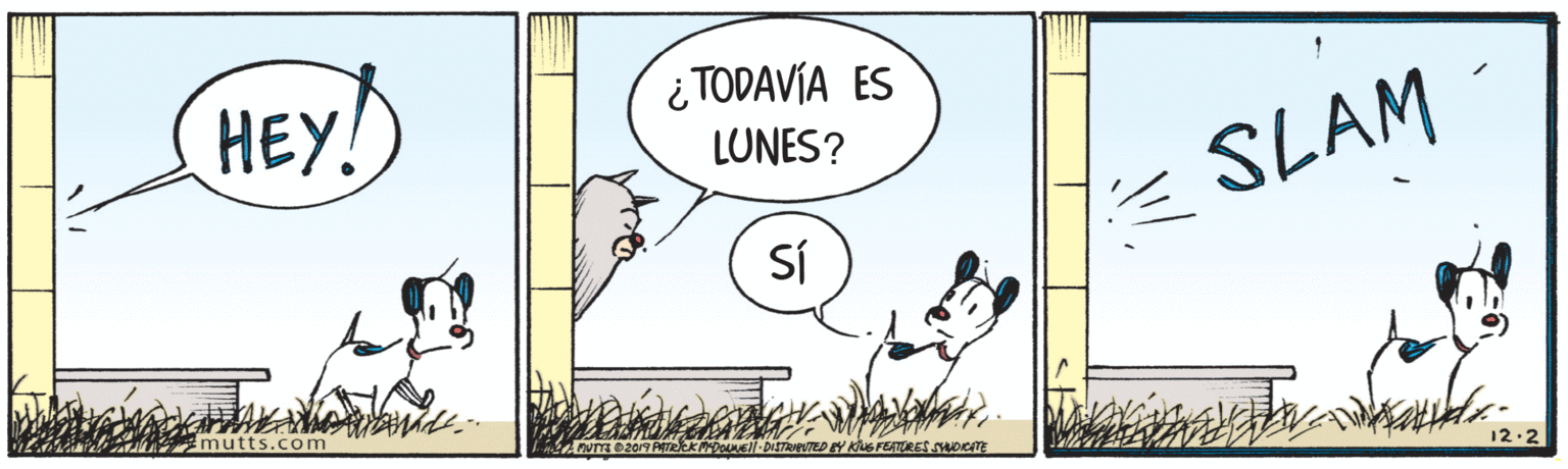 Fiction OCR: ¿ TODAVÍA ES HEY! LUNES? SLAM SÍ mutts.com 12.2 ¿ TODAVÍA ES HEY! LUNES? SLAM SÍ mutts.com 12.2