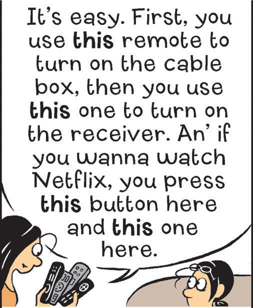 Circle OCR: It's easy. Firstyou use this remote to turn on the cable boxthen you use this one to turn on the receiver. An' if you wanna watch Netflixyou press this button here and this one here. It's easy. Firstyou use this remote to turn on the cable boxthen you use this one to turn on the receiver. An' if you wanna watch Netflixyou press this button here and this one here.