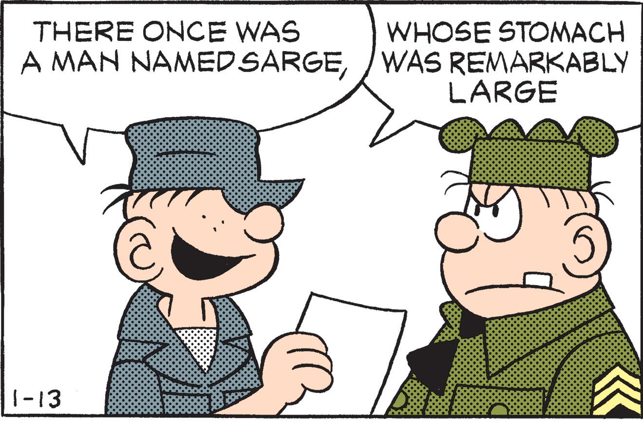 Animated cartoon OCR: WHOSE STOMACH A MAN NAMEDSARGE/ WAS REMARKABLY LARGE THERE ONCE WAS ? |-13 WHOSE STOMACH A MAN NAMEDSARGE/ WAS REMARKABLY LARGE THERE ONCE WAS ? |-13