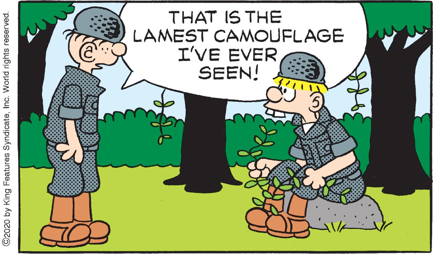 Animated cartoon OCR: THAT IS THE LAMEST CAMOUFLAGE I'VE EVER SEEN! ©2020 by King Features SyndicateInc. World rights reserved. THAT IS THE LAMEST CAMOUFLAGE I'VE EVER SEEN! ©2020 by King Features SyndicateInc. World rights reserved.