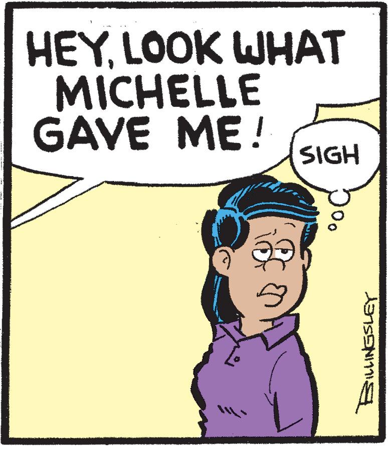 Illustration OCR: HEYLOOK WH?? MICHELLE GAVE ME! SIGH HEYLOOK WH?? MICHELLE GAVE ME! SIGH