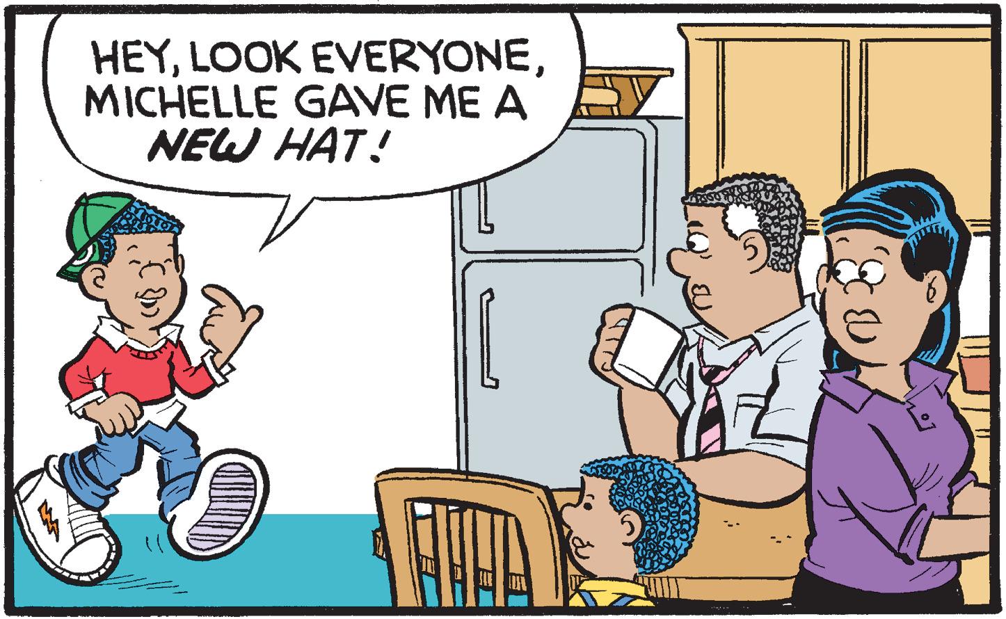 Conversation OCR: HEYMICHELLE GAVE ME A NEW HAT! HEYLOOK EVERYONEMICHELLE GAVE ME A NEW HAT!