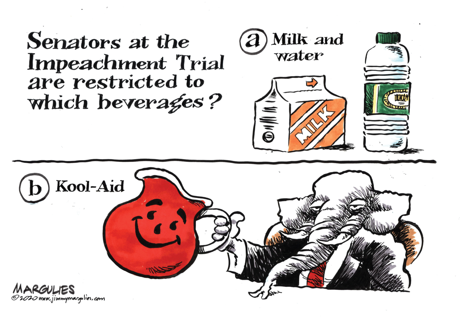 Bottle cap OCR: Senators at the Impeachment Trial are restricted to which heverages? ? Milk and water MILK b) ?ool-Aid MARGULIES Orno ww.jimmymargalis.com Senators at the Impeachment Trial are restricted to which heverages? ? Milk and water MILK b) ?ool-Aid MARGULIES Orno ww.jimmymargalis.com