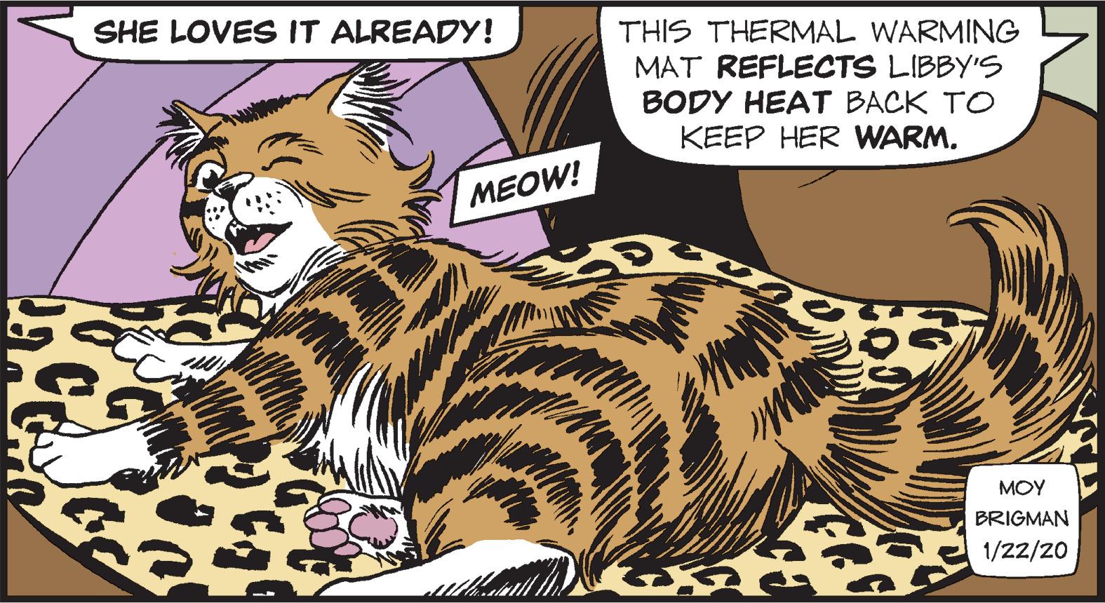 Snout OCR: SHE LOVES IT ALREADY! THIS THERMAL WARMING MAT REFLECTS LIBBY'S BODY HEAT BACK TO KEEP HER WARM. MEOW! MOY BRIGMAN 1/22/20 SHE LOVES IT ALREADY! THIS THERMAL WARMING MAT REFLECTS LIBBY'S BODY HEAT BACK TO KEEP HER WARM. MEOW! MOY BRIGMAN 1/22/20