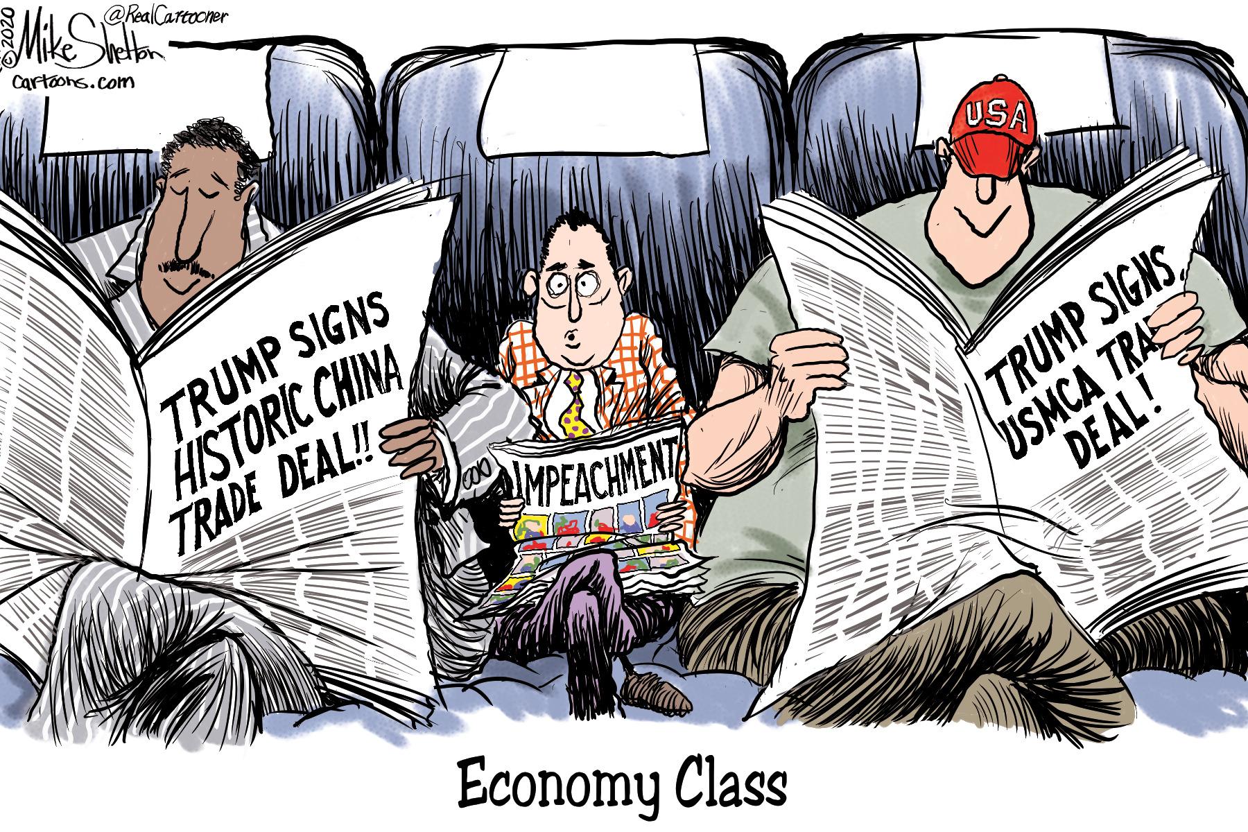 Humour OCR: @RealCartocner Cartoons.com TRUMP SIGNS HISTORIC CHINA TRADE DEAL! USA TRUMP SIGNS USMCA TRA DEAL! MPEACHMENT Economy Class @RealCartocner Cartoons.com TRUMP SIGNS HISTORIC CHINA TRADE DEAL! USA TRUMP SIGNS USMCA TRA DEAL! MPEACHMENT Economy Class