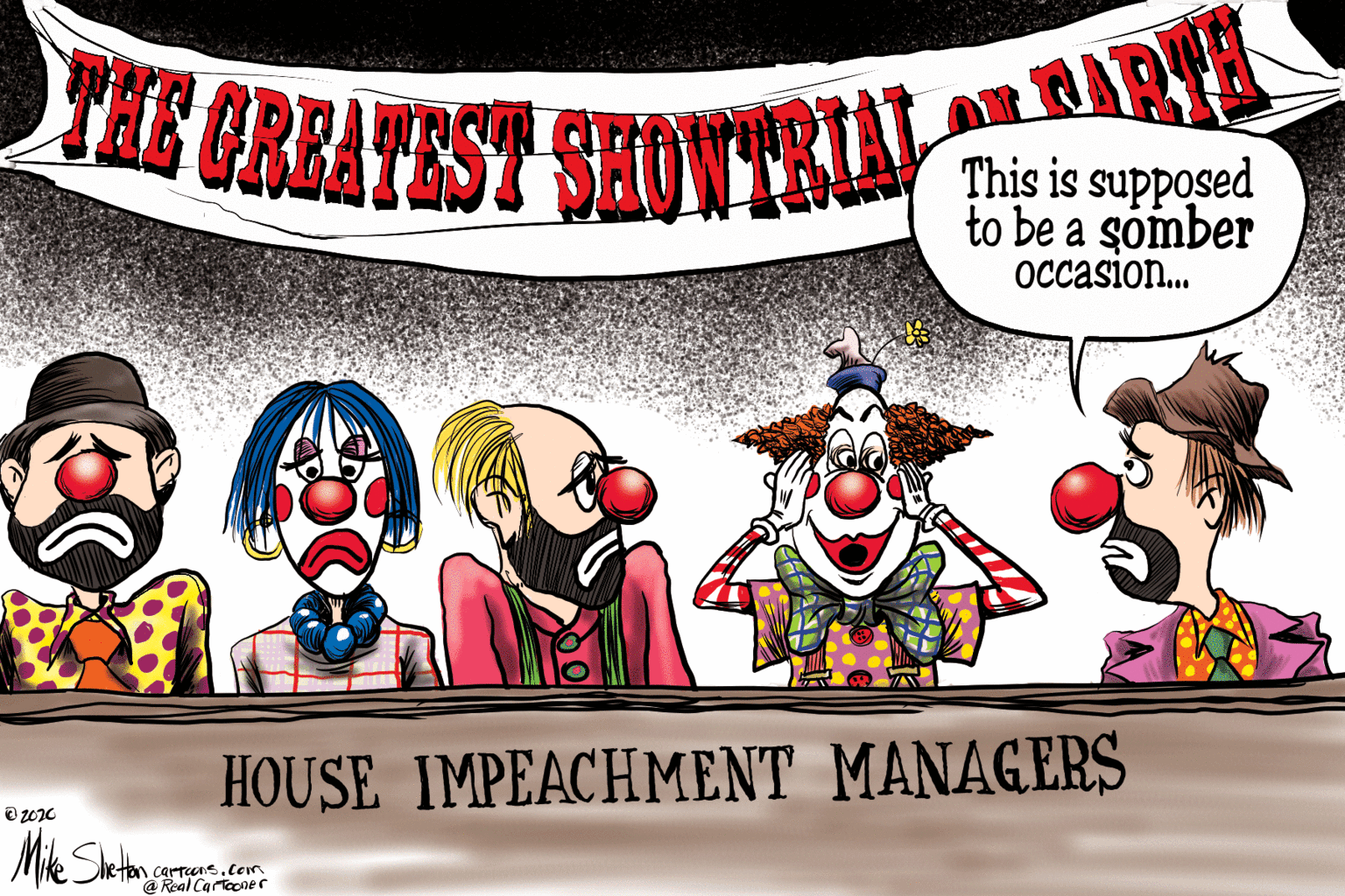 Graphic design OCR: TEE GREATEST SHONTNRIAL ARS This is supposed to be a somber Occasion. HOUSE IMPEACHMENT MANAGERS Carteans.Com @ Real Cartaoner TEE GREATEST SHONTNRIAL ARS This is supposed to be a somber Occasion. HOUSE IMPEACHMENT MANAGERS Carteans.Com @ Real Cartaoner