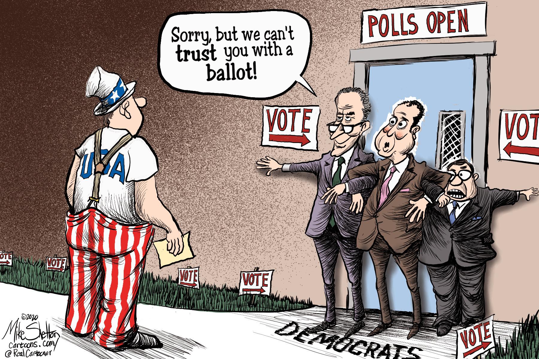 Humour OCR: POLLS OPEN Sorrybut we can't trust you with a ballot! VOTE VOT M Set DEMUCRATS Cartcons. com/ @ Real Cartecner NOTE POLLS OPEN Sorrybut we can't trust you with a ballot! VOTE VOT M Set DEMUCRATS Cartcons. com/ @ Real Cartecner NOTE