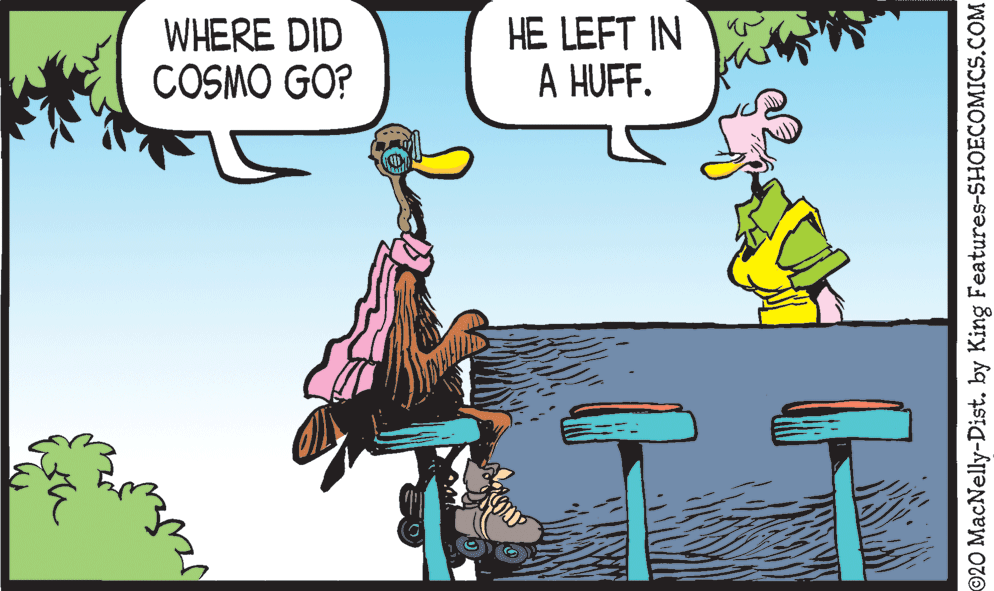 Adaptation OCR: WHERE DID COSMO GO? HE LEFT IN A HUFF. 020 MacNelly-Dist. by King Features-SHOECOMICS.COM WHERE DID COSMO GO? HE LEFT IN A HUFF. 020 MacNelly-Dist. by King Features-SHOECOMICS.COM