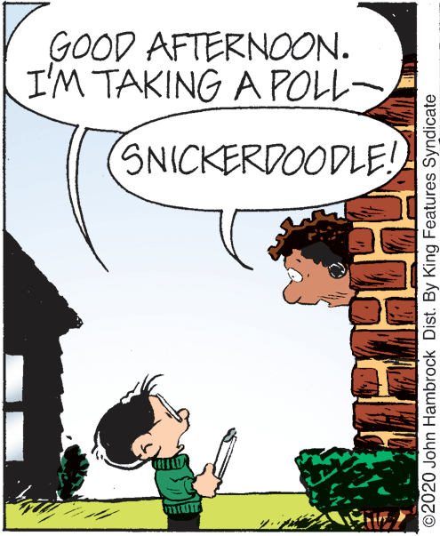 Sharing OCR: GOOD AFTERNOON. I'M TAKING A POLL- (SNICKERDOODLE! ©2020 John Hambrock Dist. By King Features Syndicate GOOD AFTERNOON. I'M TAKING A POLL- (SNICKERDOODLE! ©2020 John Hambrock Dist. By King Features Syndicate