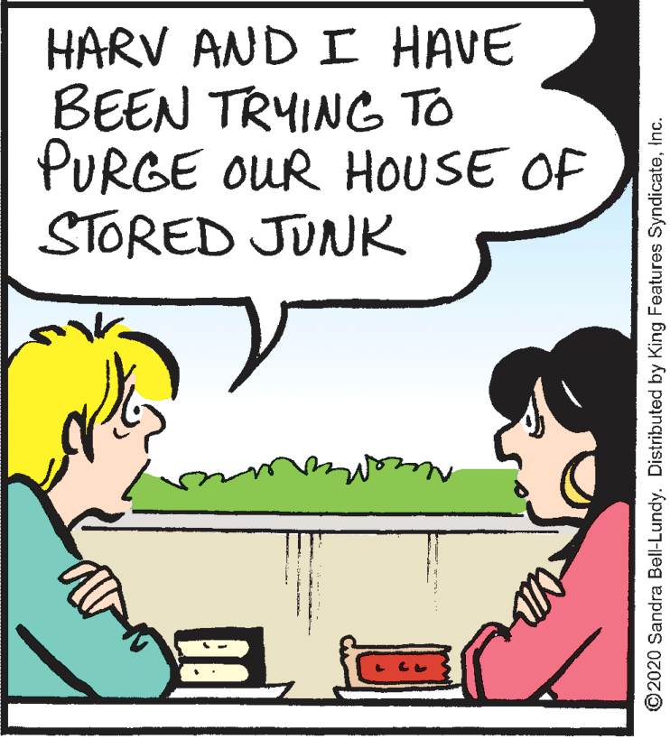 Rectangle OCR: HARV AND I HAVE BEEN TRYING TO PURGE OUR HOUSE OF STORED JUNK ©2020 Sandra Bell-Lundy. Distributed by King Features SyndicateInc. HARV AND I HAVE BEEN TRYING TO PURGE OUR HOUSE OF STORED JUNK ©2020 Sandra Bell-Lundy. Distributed by King Features Syndicate