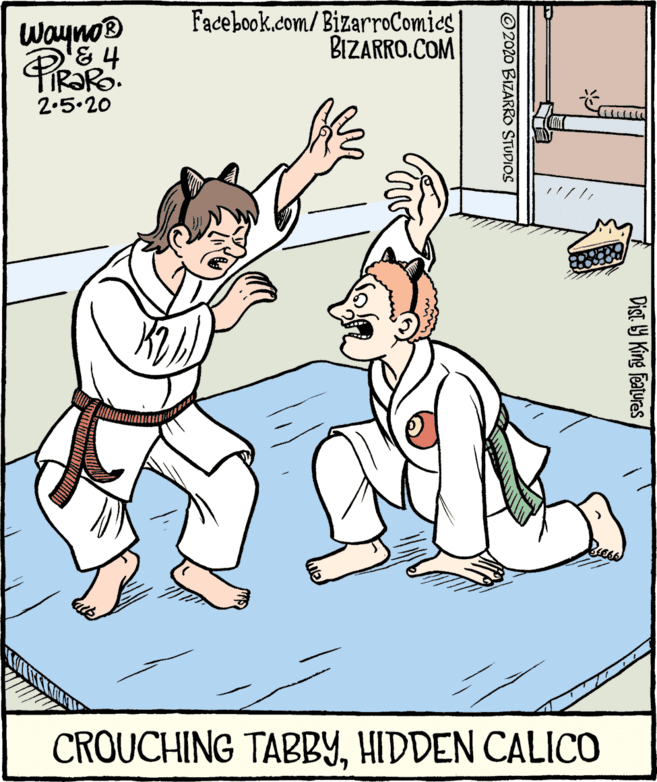 Illustration OCR: Wayno® PiRaRo. Facebook.com/BizarroComics| BIZARRO.COM 2.5.20 CROUCHING TABBYHIDDEN CALICO Dist 9 King Features 2020 BIZARRO STUDIOS Wayno® PiRaRo. Facebook.com/BizarroComics| BIZARRO.COM 2.5.20 CROUCHING TABBYHIDDEN CALICO Dist 9 King Features 2020 BIZARRO STUDIOS