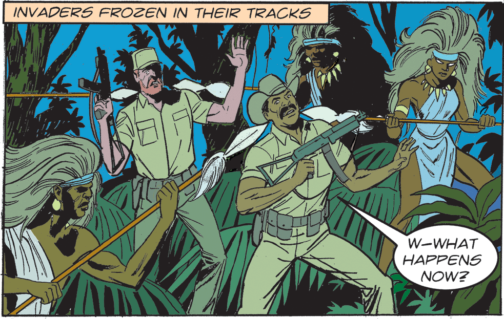 Drawing OCR: INVADERS FROZEN IN THEIR TRACKS W-WHAT HAPPENS NOW? INVADERS FROZEN IN THEIR TRACKS W-WHAT HAPPENS NOW?