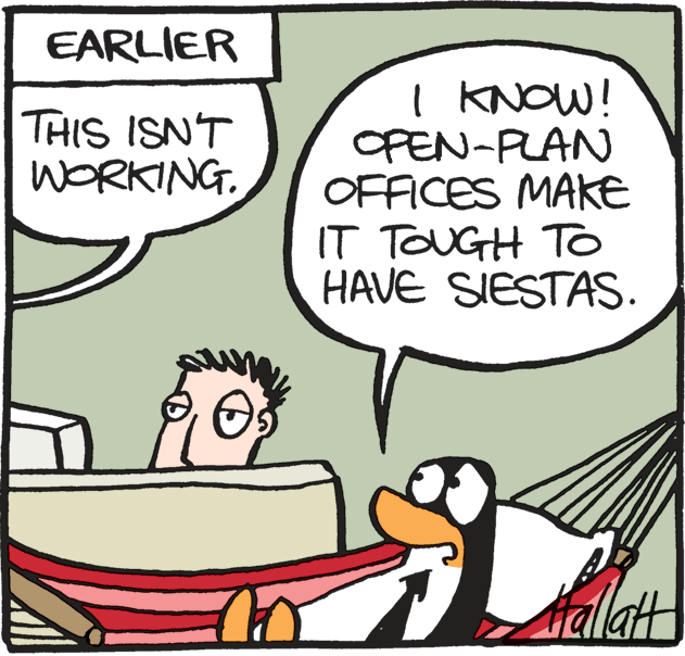 Fictional character OCR: EARLIER I KNOW! OPEN-PLAN OFFICES MAKE IT TOUGH TO HAVE SIESTAS. THIS ISNT WORKING. Hallatt EARLIER I KNOW! OPEN-PLAN OFFICES MAKE IT TOUGH TO HAVE SIESTAS. THIS ISNT WORKING. Hallatt