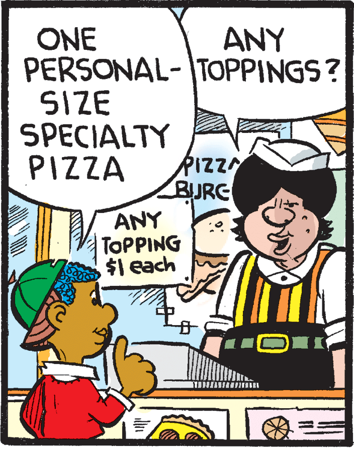 Poster OCR: ANY ONE PERSONAL-TOPPINGS? SIZE SPECIALTY PIZZA RIZZA BURG ANY TOPPING $1 each ANY ONE PERSONAL-TOPPINGS? SIZE SPECIALTY PIZZA RIZZA BURG ANY TOPPING $1 each