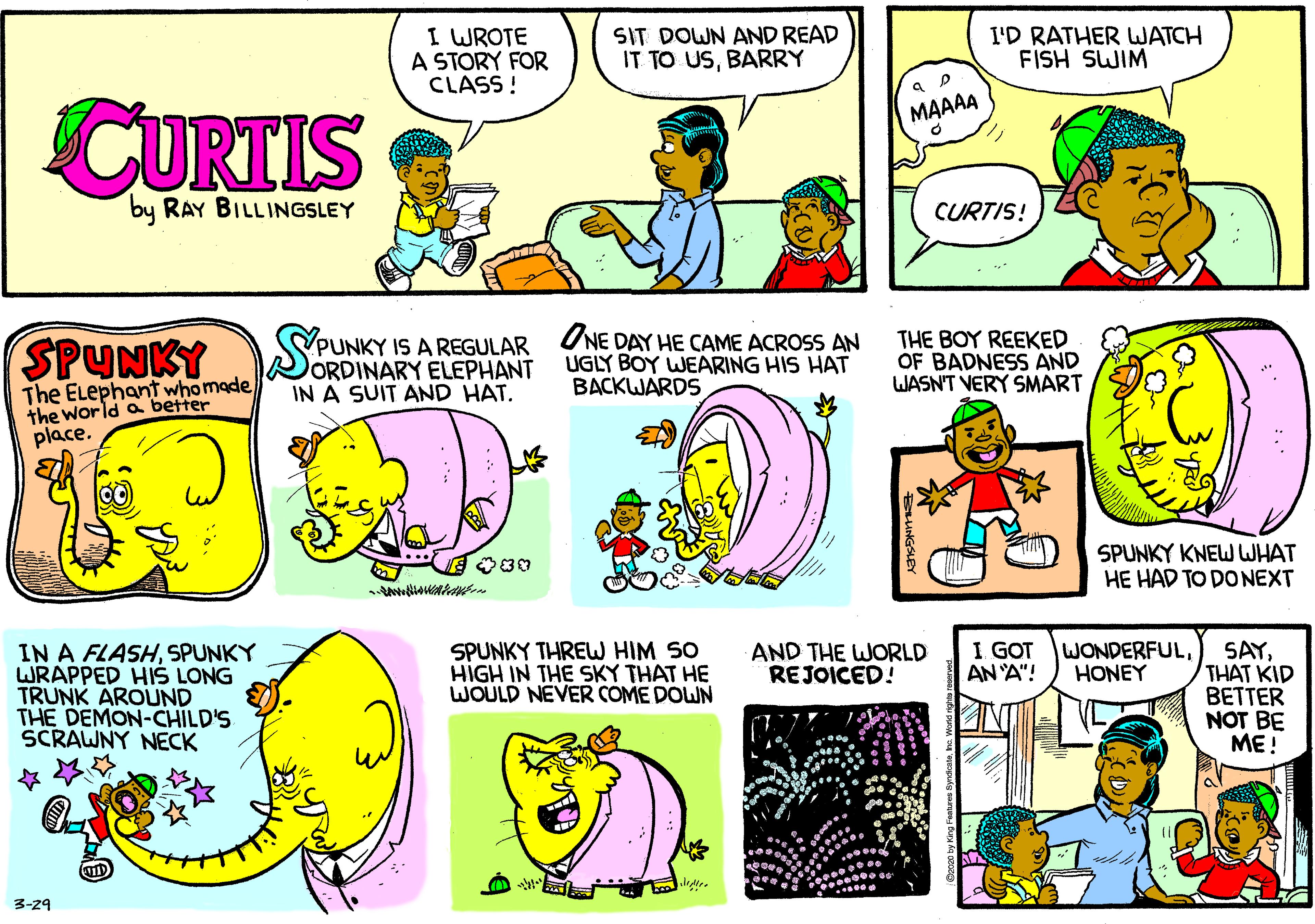 Sharing OCR: I WROTE A STORY FOR CLASS ! SIT DOWN AND READ IT TO USBARRY I'D RATHER WATCH FISH SWIM CURTIS ??? by RAY BILLINGSLEY CURTIS! THE BOY REEKED OF BADNESS AND WASN'T VERY SMART IS A REGULAR UNE DAY HE CAME ACROSS AN SPUNKYSUNKC ORDINARY ELEPHANT IN A SUIT AND HAT. UGLY BOY WEARING HIS HAT BACKWARDS The ELephant whomade the world a better place. SPUNKY KNEW WHAT HE HAD TO DONEXT SPUNKY THREW HIM SO HIGH IN THE SKY THAT HE WOULD NEVER COME DOWN I GOT AN 'A"! SAYTHAT KID BETTER NOT BE ??! AND THE WORLD REJOICED! WONDERFULHONEY IN A FLASHSPUNKY WRAPPED HIS LONG TRUNK AROUND THE DEMON-CHILD'S SCRAWNY NECK 3-29 I WROTE A STORY FOR CLASS ! SIT DOWN AND READ IT TO USBARRY I'D RATHER WATCH FISH SWIM CURTIS ??? by RAY BILLINGSLEY CURTIS! THE BOY REEKED OF BADNESS AND WASN'T VERY SMART IS A REGULAR UNE DAY HE CAME ACROSS AN SPUNKYSUNKC ORDINARY ELEPHANT IN A SUIT AND HAT. UGLY BOY WEARING HIS HAT BACKWARDS The ELephant whomade the world a better place. SPUNKY KNEW WHAT HE HAD TO DONEXT SPUNKY THREW HIM SO HIGH IN THE SKY THAT HE WOULD NEVER COME DOWN I GOT AN 'A"! SAYTHAT KID BETTER NOT BE ??! AND THE WORLD REJOICED! WONDERFULHONEY IN A FLASHSPUNKY WRAPPED HIS LONG TRUNK AROUND THE DEMON-CHILD'S SCRAWNY NECK 3-29