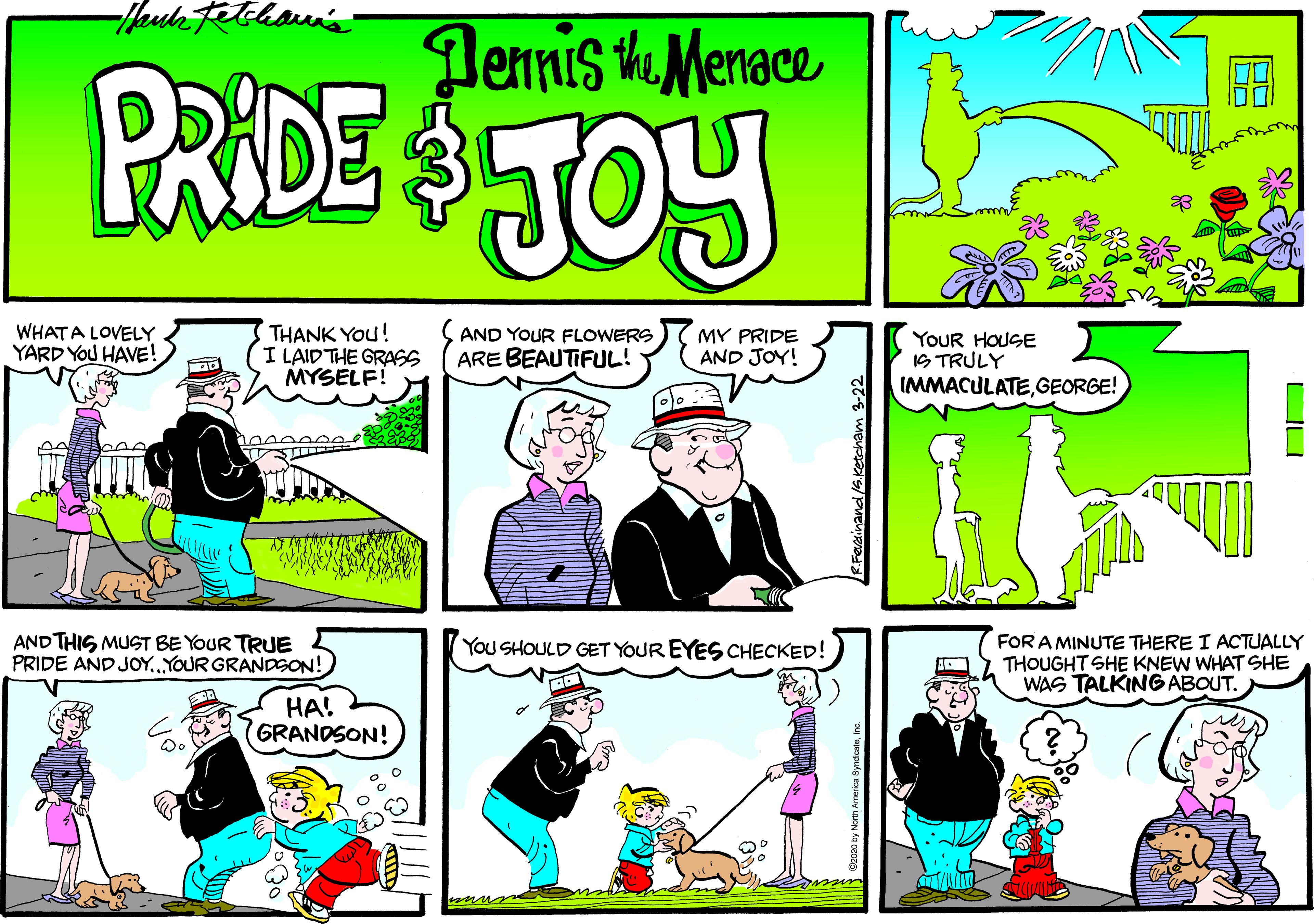 Rectangle OCR: Dennis he Menace PRIDE $JOY WHATA LOVELY YARD You HAVE! THANK YOu! I LAID THE GRASS MYSELF! AND YOUR FLOWERS MY PRIDE AND JOY! YOUR HOUSE IS TRULY IMMACULATEGEORGE! ARE BEAUTIFUL! AND THIS MUST BE YOUR TRUE PRIDE AND JOY. YOUR GRANDSON! FOR A MINUTE THERE I ACTUALLY THOUGHT SHE KNEW WHAT SHE WAS TALKING ABOUT. You SHOULD GET YOUR EYES CHECKED! HA! GRANDSON! Dennis he Menace PRIDE $JOY WHATA LOVELY YARD You HAVE! THANK YOu! I LAID THE GRASS MYSELF! AND YOUR FLOWERS MY PRIDE AND JOY! YOUR HOUSE IS TRULY IMMACULATEGEORGE! ARE BEAUTIFUL! AND THIS MUST BE YOUR TRUE PRIDE AND JOY. YOUR GRANDSON! FOR A MINUTE THERE I ACTUALLY THOUGHT SHE KNEW WHAT SHE WAS TALKING ABOUT. You SHOULD GET YOUR EYES CHECKED! HA! GRANDSON!