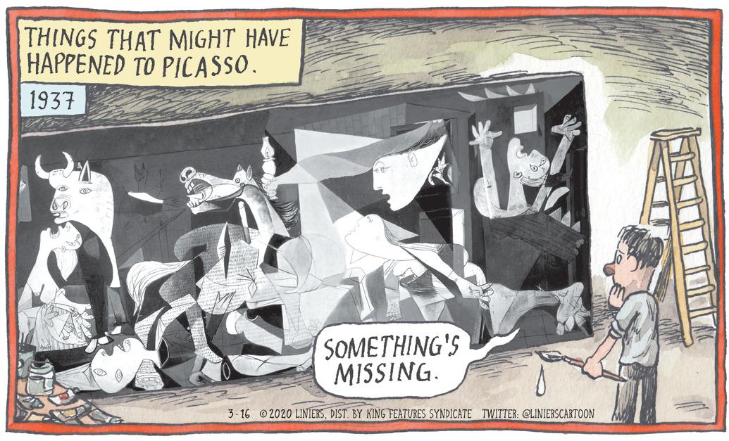 Publication Faces (1) OCR: THINGS THAT MIGHT HAVE HAPPENED TO PICASSO. 1937 SOMETHING'S MISSING. 3-16 © 2020 LINIERSDIST. BY KING FEATURES SYNDICATE TWITTER: @LINIERSCARTOON THINGS THAT MIGHT HAVE HAPPENED TO PICASSO. 1937 SOMETHING'S MISSING. 3-16 © 2020 LINIERSDIST. BY KING FEATURES SYNDICATE TWITTER: @LINIERSCARTOON