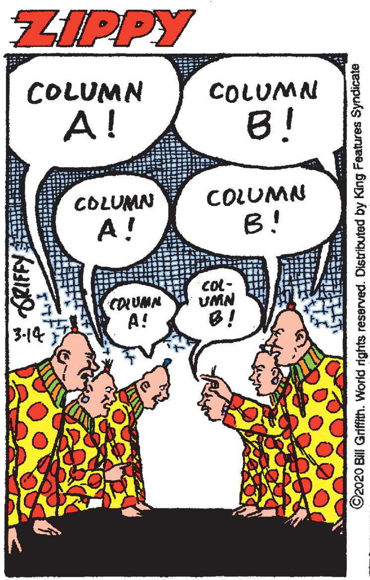 Rectangle OCR: ZIPPY COLUMN COLUMN A! B! COLUMN COLUMN A! B! COLUMN A! COL- UMN B! 3-14 ©2020 Bill Griffith. World rights reserved. Distributed i King Features Syndicate ZIPPY COLUMN COLUMN A! B! COLUMN COLUMN A! B! COLUMN A! COL- UMN B! 3-14 ©2020 Bill Griffith. World rights reserved. Distributed i King Features Syndicate