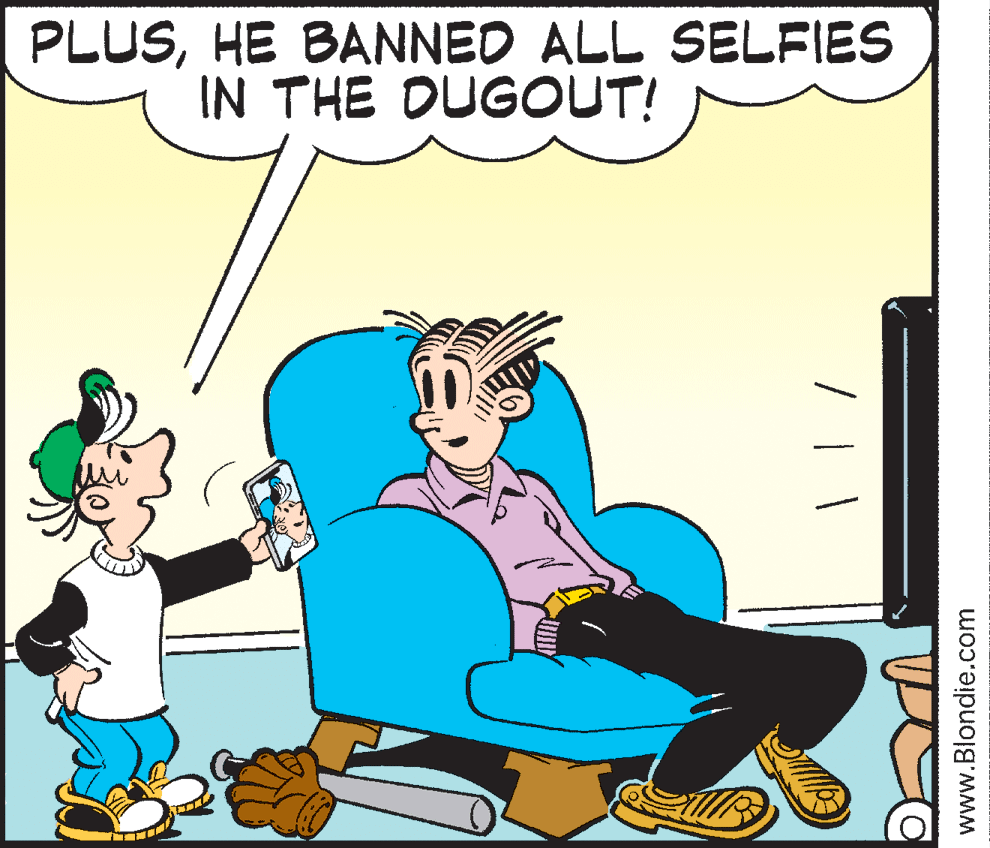 Rectangle OCR: PLUSHE BANNED ALL SELFIES IN THE DUGOUT! www.Blondie.com PLUSHE BANNED ALL SELFIES IN THE DUGOUT! www.Blondie.com