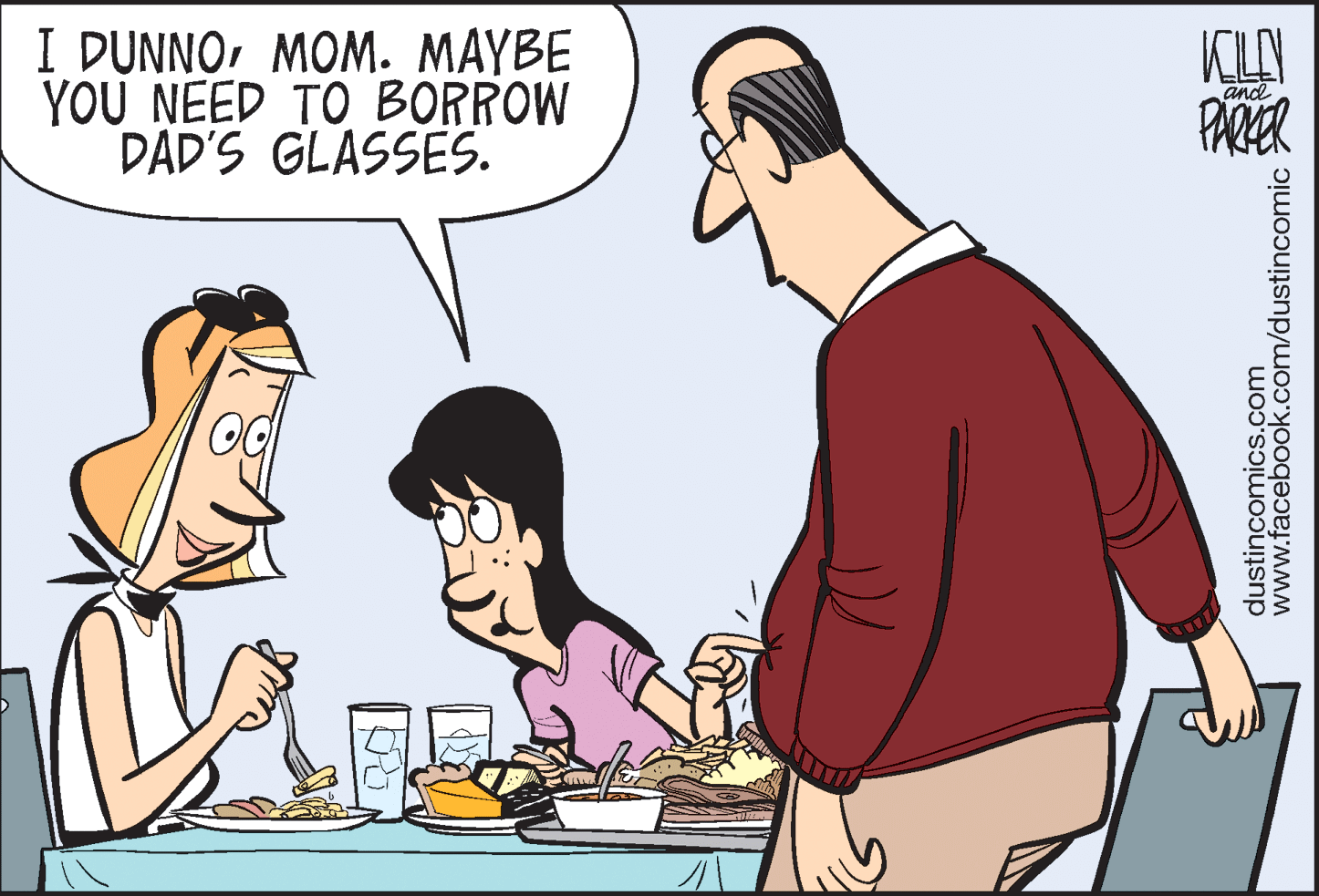 Animated cartoon OCR: I DUNNOMOM. MAYBE YOU NEED TO BORROW DAD'S GLASSES. and PARER dustincomics.com www.facebook.com/dustincomic I DUNNOMOM. MAYBE YOU NEED TO BORROW DAD'S GLASSES. and PARER dustincomics.com www.facebook.com/dustincomic
