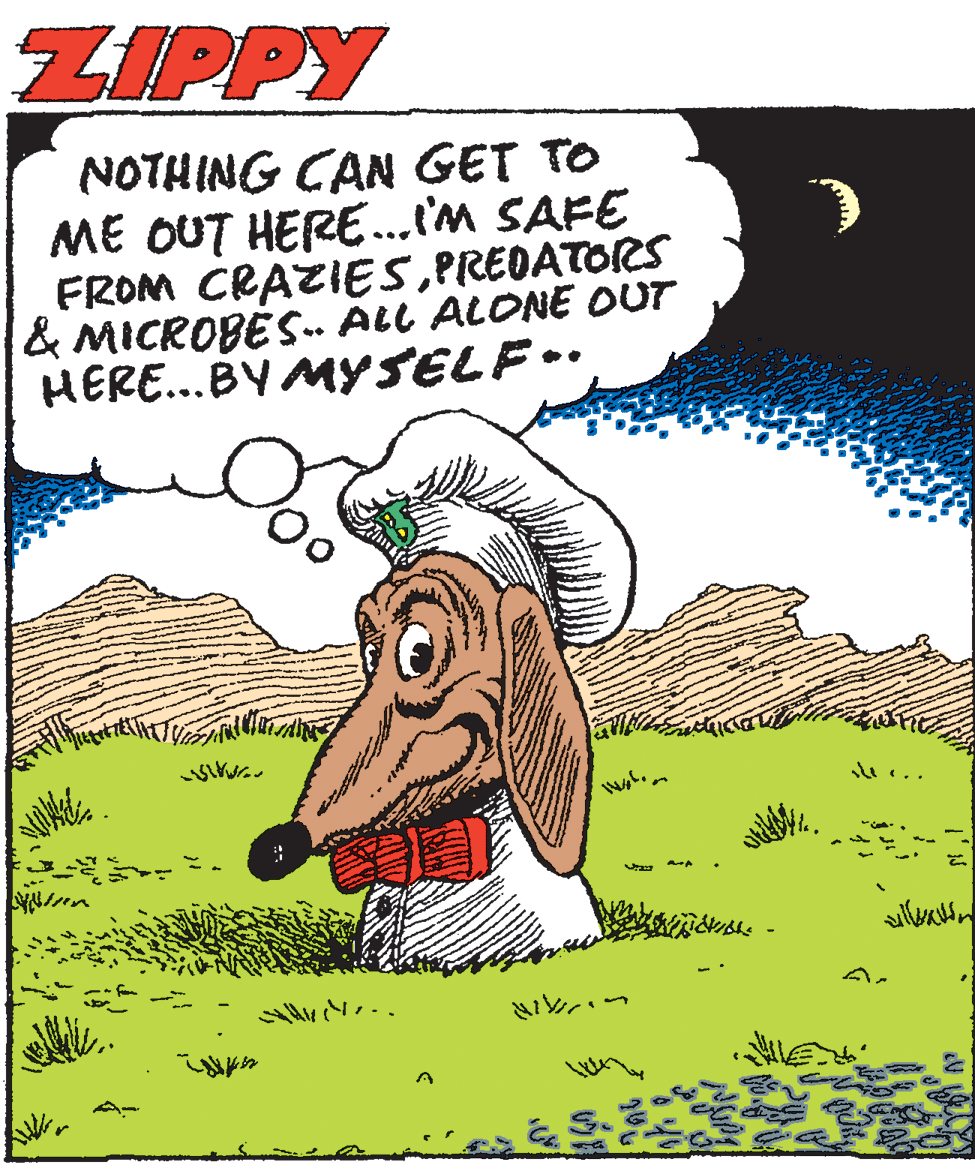 Goat-antelope OCR: ZIPPY NOTHING CAN GET TO ME OUT HERE...'m SAFE FROM CRAZIESPREDATORS & MICROBES.. ALl ALONE OUT HERE...BY MYSELF.. u .. E S. ZIPPY NOTHING CAN GET TO ME OUT HERE...'m SAFE FROM CRAZIESPREDATORS & MICROBES.. ALl ALONE OUT HERE...BY MYSELF.. u .. E S.
