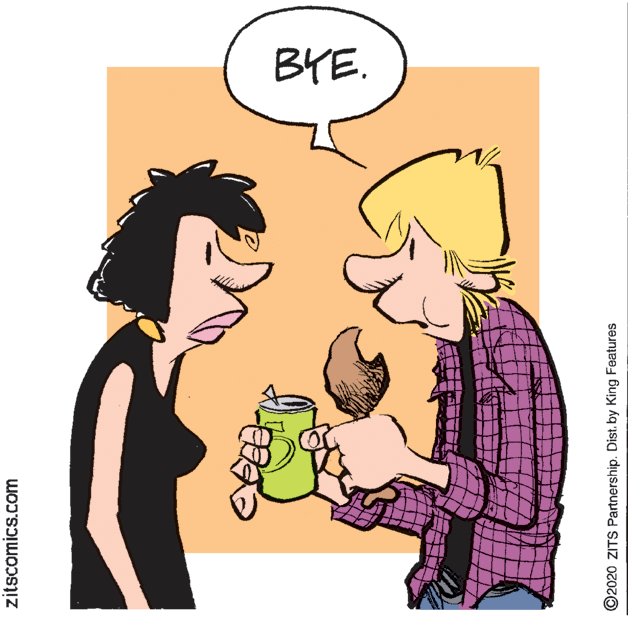 Fictional character OCR: BYE. zitscomics.com ©2020 ZITS Partnership. Dist. by King Features BYE. zitscomics.com ©2020 ZITS Partnership. Dist. by King Features