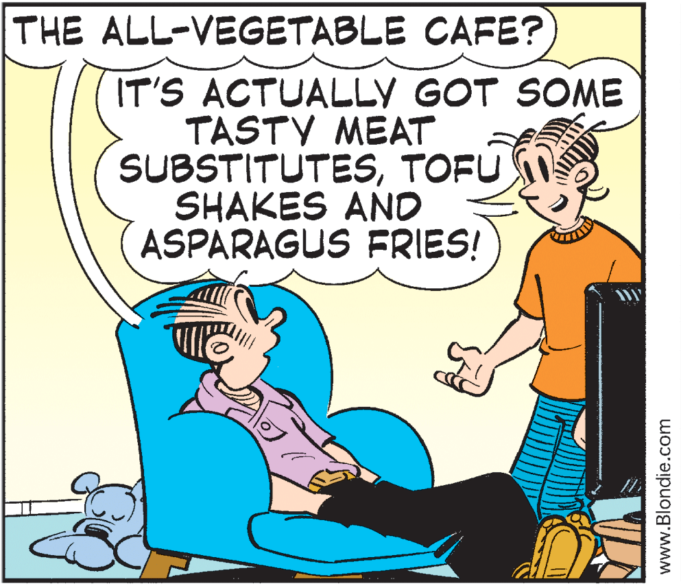 Gesture OCR: THE ALL-VEGETABLE CAFE? IT'S ACTUALLY GOT SOME TASTY MEAT SUBSTITUTESTOFU SHAKES AND ASPARAGUS FRIES! www.Blondie.com THE ALL-VEGETABLE CAFE? IT'S ACTUALLY GOT SOME TASTY MEAT SUBSTITUTESTOFU SHAKES AND ASPARAGUS FRIES! www.Blondie.com
