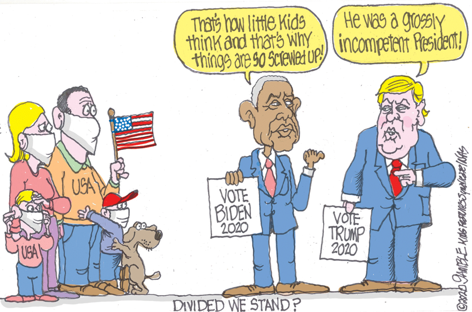 Illustration OCR: Thais haw little Kids think and thar's why things are s0 ScieNer ur) incompetent Resident!He vas a grossly USA VOTE BIDEN 2020 VÕTE TRUNP 2020 USA DIVIDED WE STAND? Thais haw little Kids think and thar's why things are s0 ScieNer ur) incompetent Resident!He vas a grossly USA VOTE BIDEN 2020 VÕTE TRUNP 2020 USA DIVIDED WE STAND?
