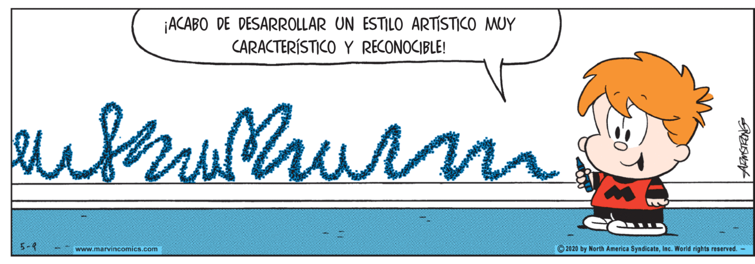 Screenshot OCR: ¡ACABO DE DESARROLLAR UN ESTILO ARTISTICO MUY CARACTERÍSTICO Y RECONOCIBLE! ebrullaurnin 5-9 www.marvincomics.com © 2020 by North America SyndicateInc. World rights reserved. - ¡ACABO DE DESARROLLAR UN ESTILO ARTISTICO MUY CARACTERÍSTICO Y RECONOCIBLE! ebrullaurnin 5-9 www.marvincomics.com © 2020 by North America SyndicateInc. World rights reserved. -