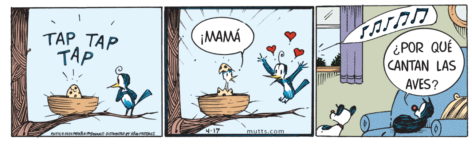 Picture frame OCR: ¡MAMÁ TAPTAP TAP ¿POR QUÉ CANTAN LAS AVES? 4.17 mutts.com ¡MAMÁ TAPTAP TAP ¿POR QUÉ CANTAN LAS AVES? 4.17 mutts.com