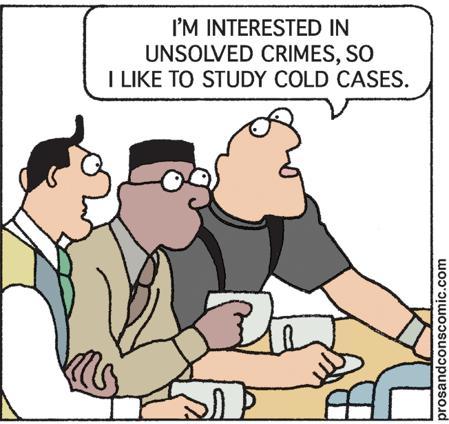 Illustration OCR: I'M INTERESTED IN UNSOLVED CRIMESSO I LIKE TO STUDY COLD CASES. prosandconscomic.com I'M INTERESTED IN UNSOLVED CRIMESSO I LIKE TO STUDY COLD CASES. prosandconscomic.com