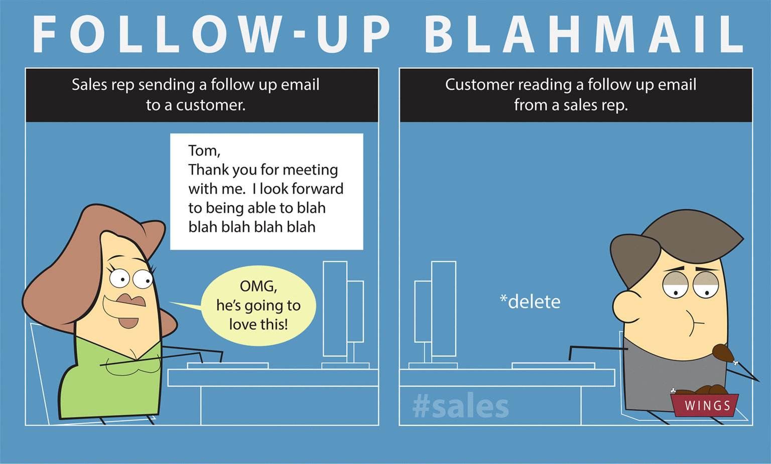 Fiction OCR: FOLLOW-UP BLAHMAIL Sales rep sending a follow up email Customer reading a follow up email from a sales rep. to a customer. TomThank you for meeting with me. I look forward to being able to blah blah blah blah blah OMGhe's going to love this! *delete #sales WINGS FOLLOW-UP BLAHMAIL Sales rep sending a follow up email Customer reading a follow up email from a sales rep. to a customer. TomThank you for meeting with me. I look forward to being able to blah blah blah blah blah OMGhe's going to love this! *delete #sales WINGS