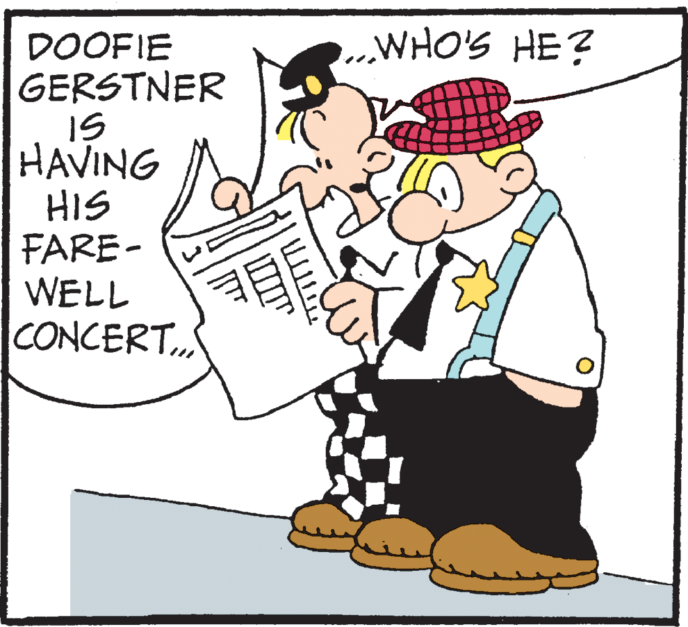 Handwriting OCR: .WHO'S HE? DOOFIE GERSTNER IS HAVING HIS FARE- WELL CONCERT. .WHO'S HE? DOOFIE GERSTNER IS HAVING HIS FARE- WELL CONCERT.