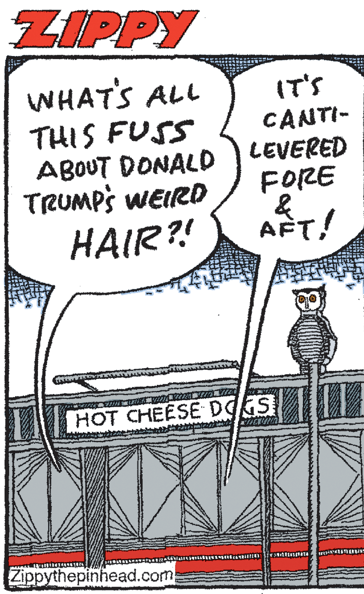 Poster OCR: ZIPPY WHAT'S ALL IT'S THIS FUSS ABOUT DONALD TRUMPS WEIRD HAIR?! CANTI- LEVERED FORE AFT! HOT CHEESE DOKS Zippythepinhead.com ZIPPY WHAT'S ALL IT'S THIS FUSS ABOUT DONALD TRUMPS WEIRD HAIR?! CANTI- LEVERED FORE AFT! HOT CHEESE DOKS Zippythepinhead.com