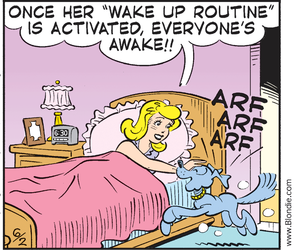 Graphics OCR: ONCE HER "WAKE UP ROUTINE" IS ACTIVATEDEVERVONE'S AWAKE! ARF ARF ARE 6:30 www.Blondie.com ONCE HER "WAKE UP ROUTINE" IS ACTIVATEDEVERVONE'S AWAKE! ARF ARF ARE 6:30 www.Blondie.com