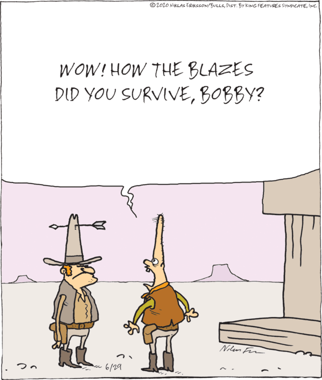 Art OCR: © 2020 NIKLAS ERIKSSON/BULLSINC. WOW! HOW THE BLAZES DID YOU SURVIVEBOBBY? Nilem Fim 6/29 © 2020 NIKLAS ERIKSSON/BULLSDIST. BY KING FEATURES SYNDICATEINC. WOW! HOW THE BLAZES DID YOU SURVIVEBOBBY? Nilem Fim 6/29
