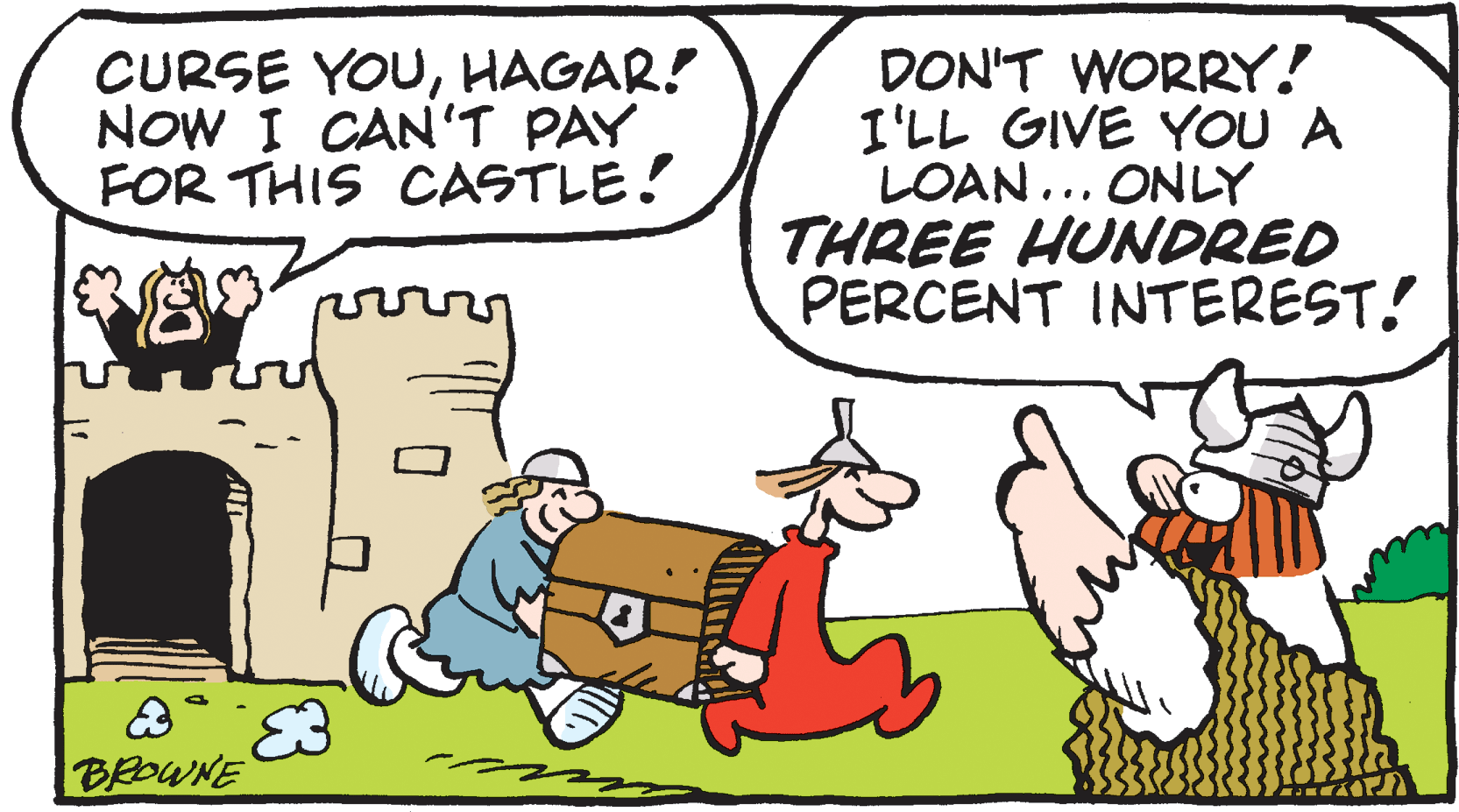 Fiction OCR: CURSE YOUHAGAR! NOW I CAN'T PAY FOR THIS CASTLE! DON'T WORRY! I'LL GIVE YOU A LOAN... ONLY THREE HUNDRED PERCENT INTEREST! BROWNE CURSE YOUHAGAR! NOW I CAN'T PAY FOR THIS CASTLE! DON'T WORRY! I'LL GIVE YOU A LOAN... ONLY THREE HUNDRED PERCENT INTEREST! BROWNE
